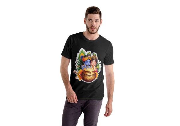 Artistic Radha Krishna Printed Cotton T-Shirt – Devotional Wear